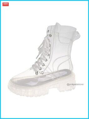 Transparent PVC Lace Up Platform Combat Ankle Boots Waterproof